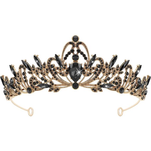 Women Baroque Black Crown Vintage Black Tiaras with Gemstones - Picture 1 of 6